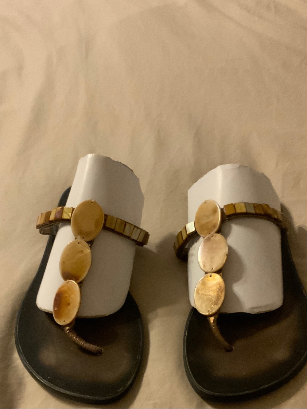 MIA Brown and Gold Beaded T-Strap Sandals